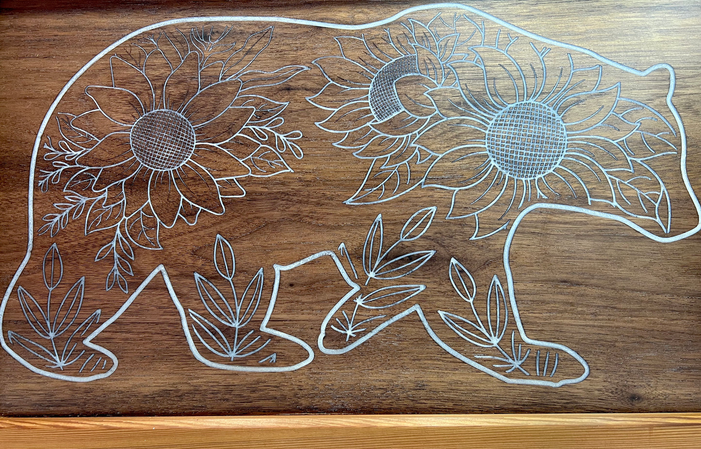 Walnut Bear with Sunflowers in Cedar Frame