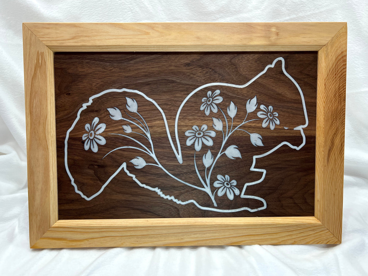 Walnut Squirrel with Flowers in Cypress Frame