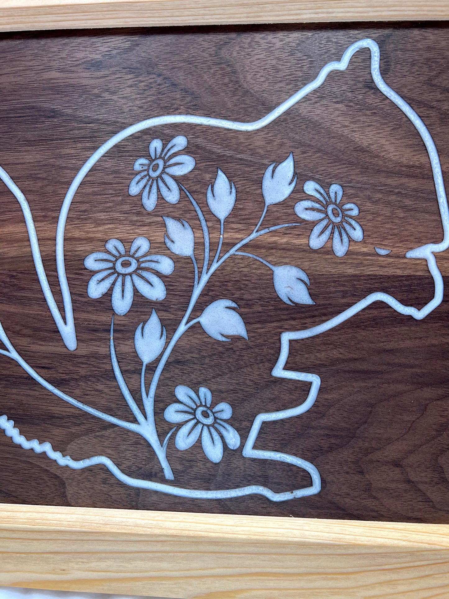 Walnut Squirrel with Flowers in Cypress Frame