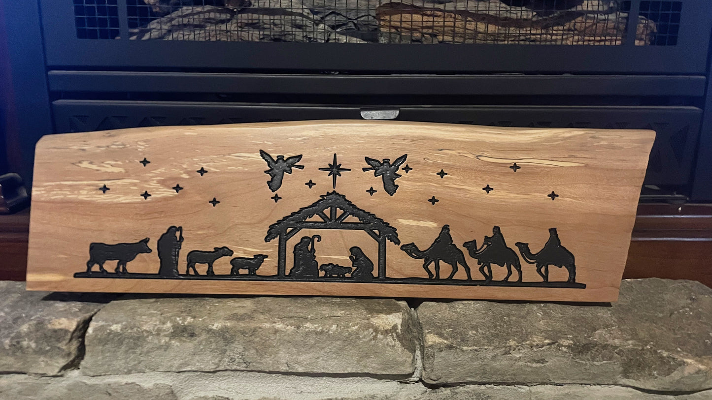 Carved Nativity on Live Edge Hardwood