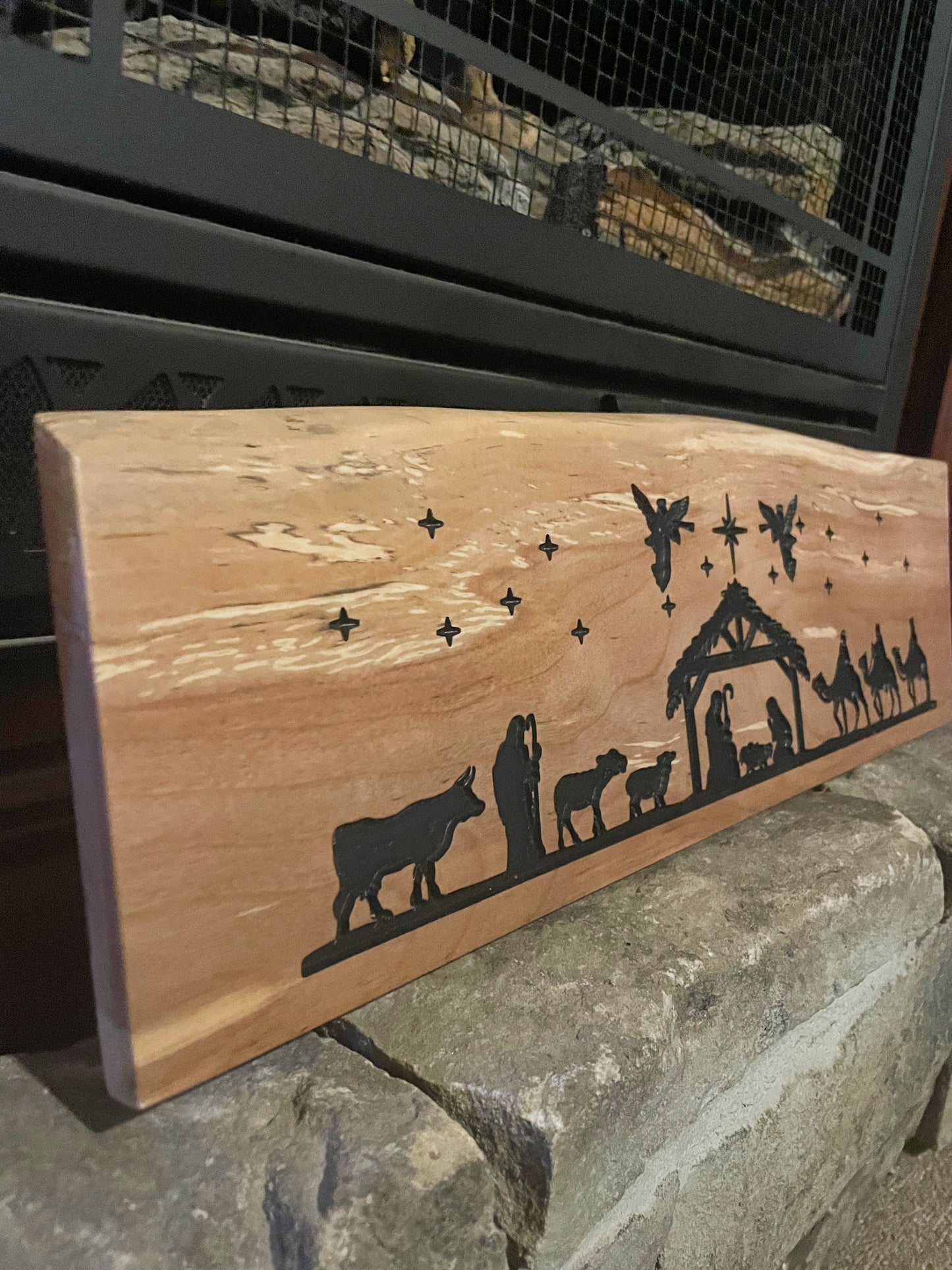 Carved Nativity on Live Edge Hardwood