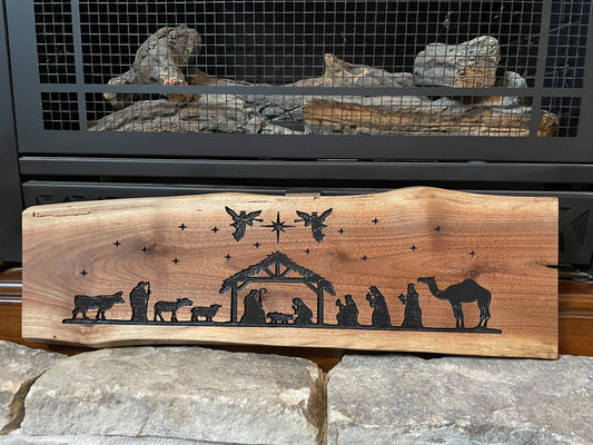 Carved Nativity on Live Edge Hardwood