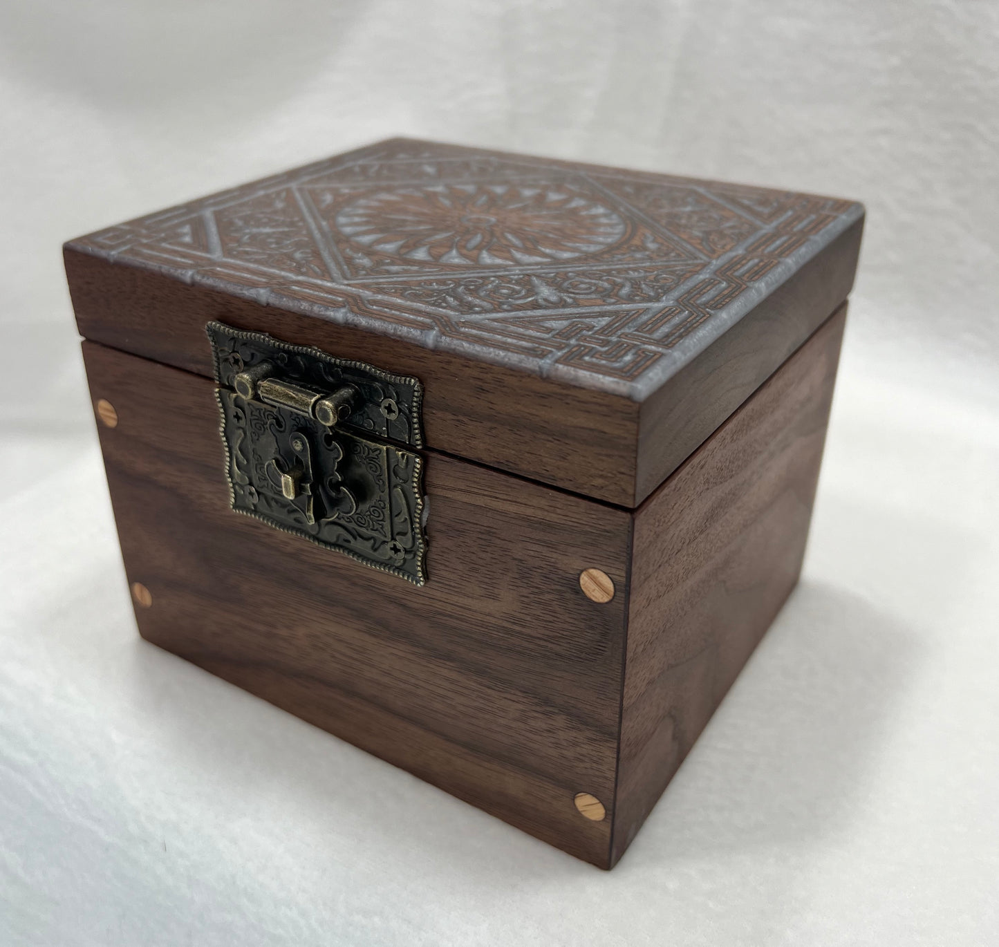 Small Cedar Lined Storage Box with Carved Inlaid Top