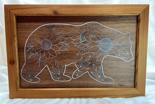 Walnut Bear with Sunflowers in Cedar Frame