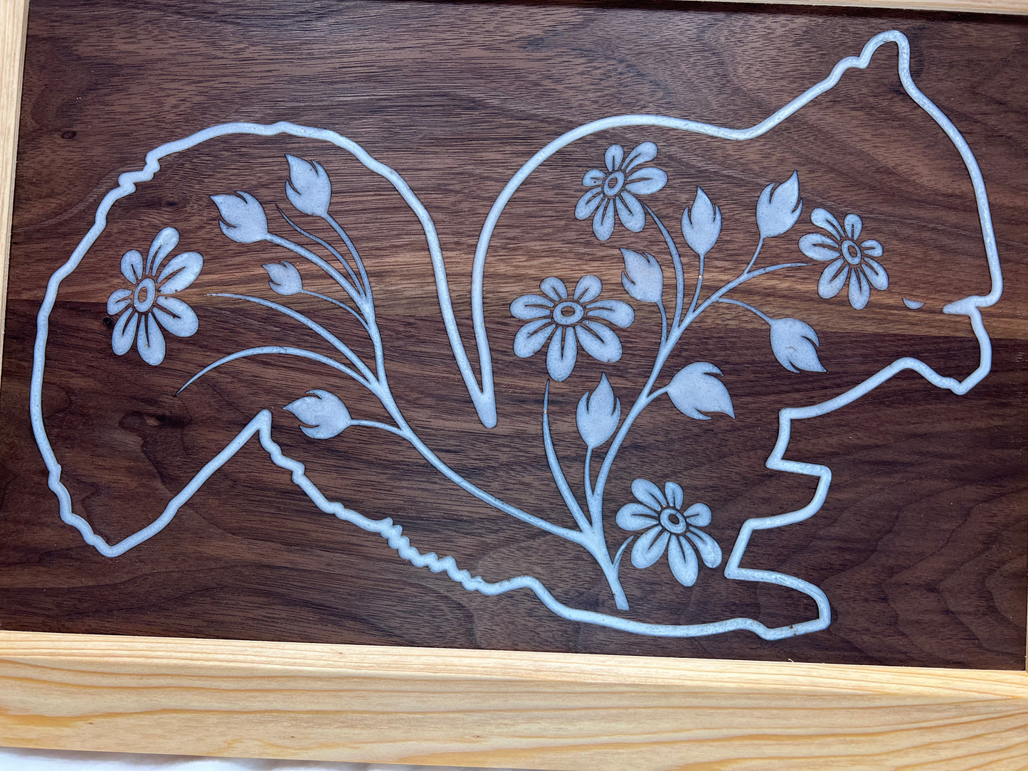 Walnut Squirrel with Flowers in Cypress Frame
