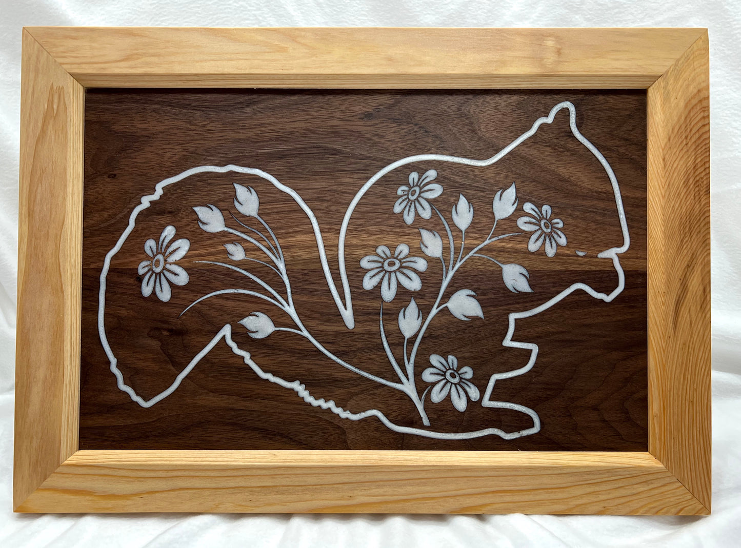 Walnut Squirrel with Flowers in Cypress Frame